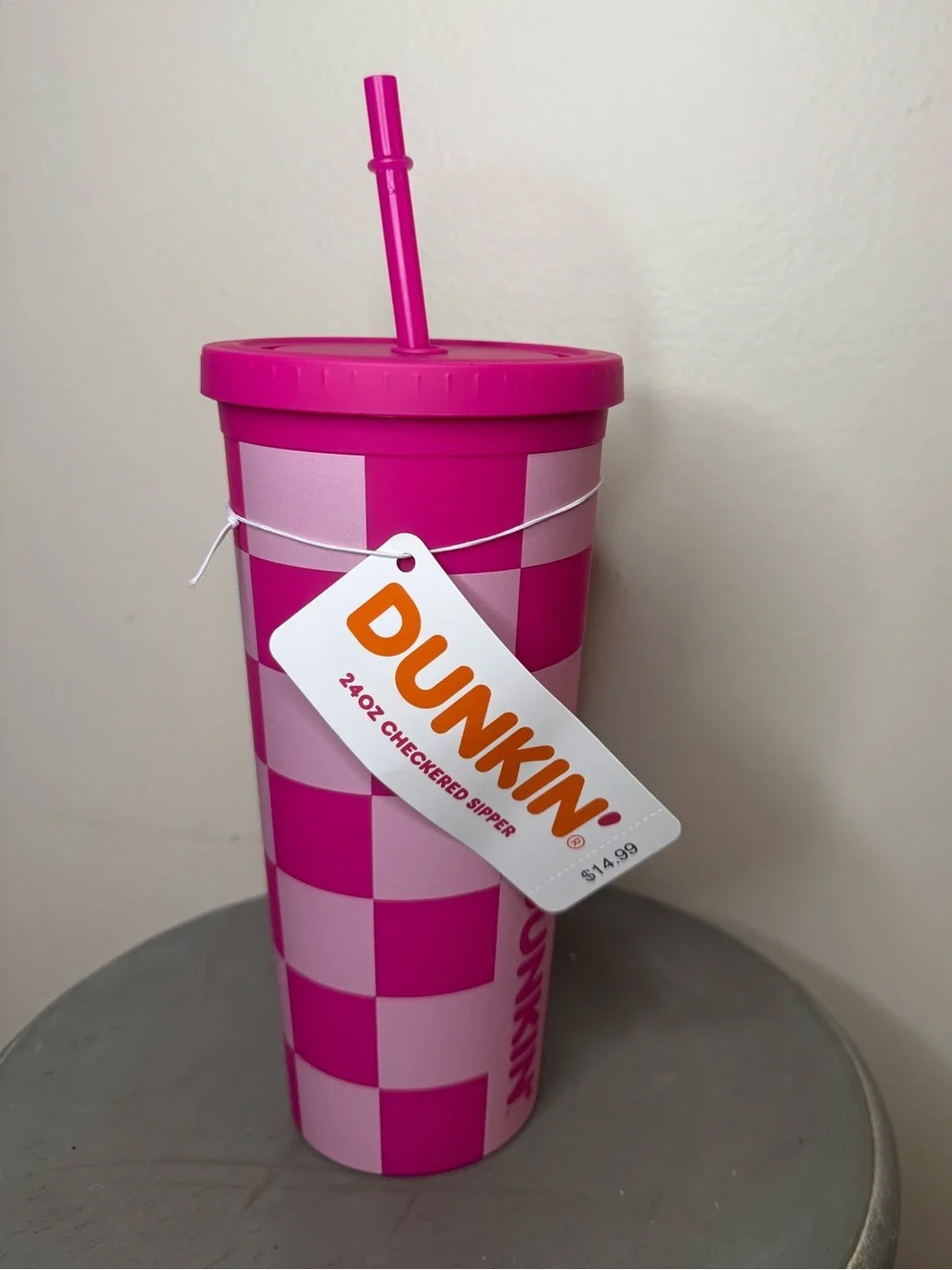 Dunkin'Donuts Pink Stripe Reusable Tumbler with Lid - Picture 2 of 5